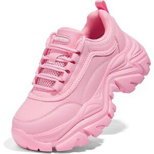 Brand New Women Pink Rubber LUCKY STEP Chunky Platform Dad Walking Sneaker